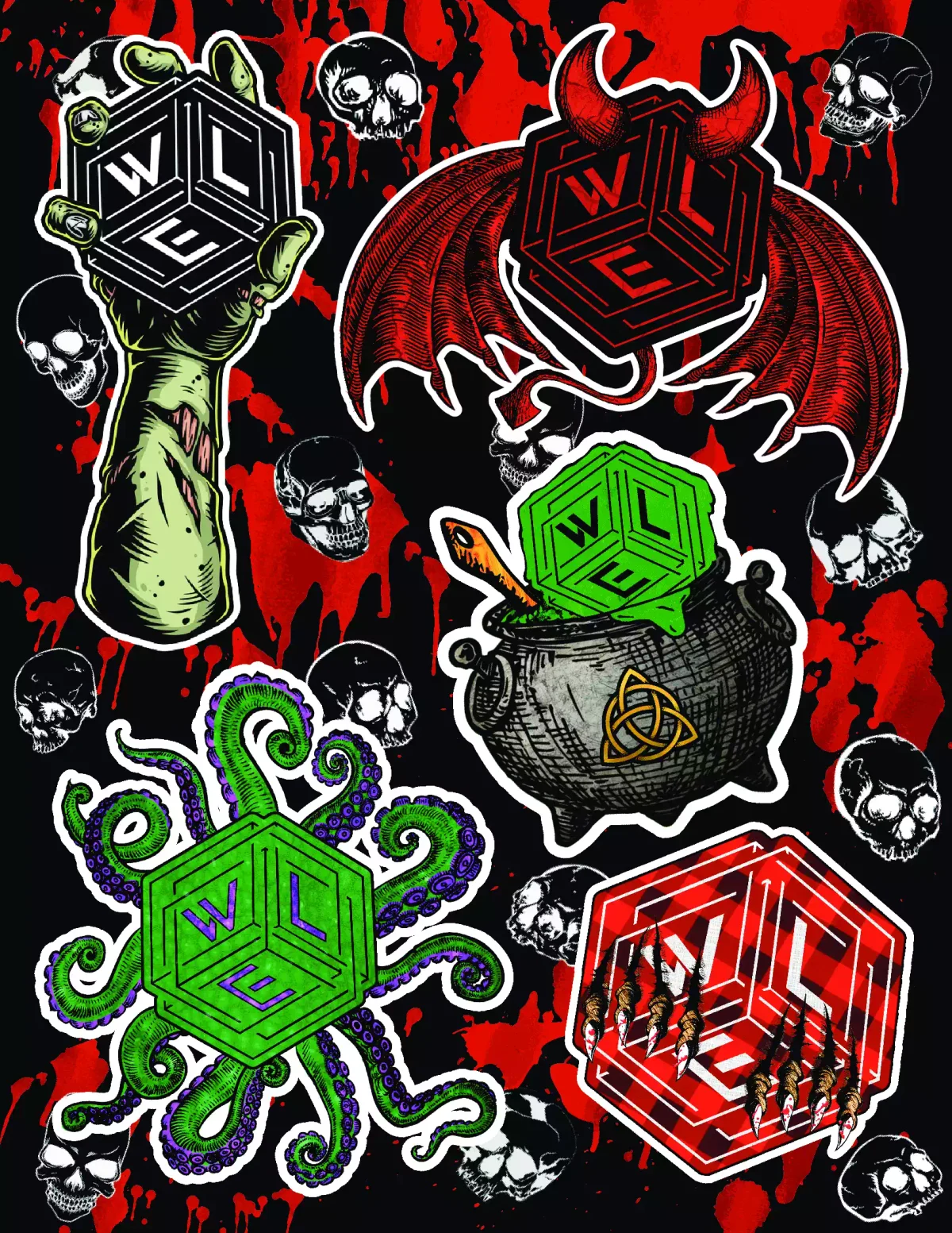 Colorful illustrated WLE die-cut sticker designs